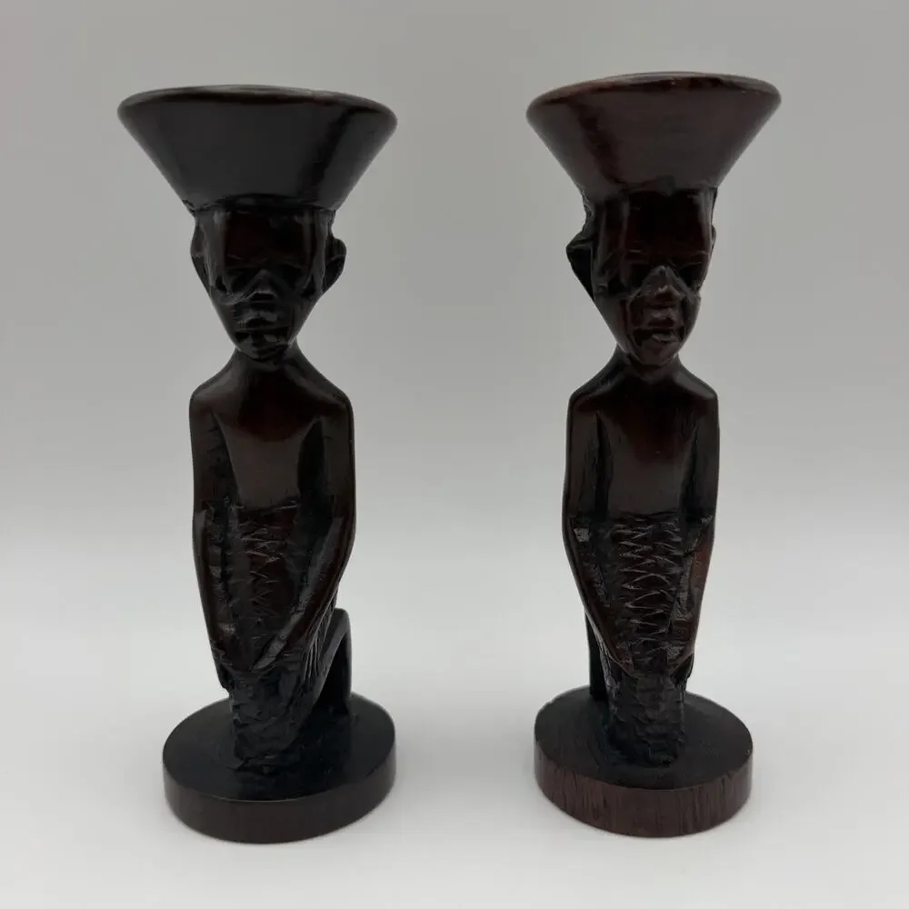 African Tribal Style Hand Carved Wooden Candlestick Taper Holders Set of 2
